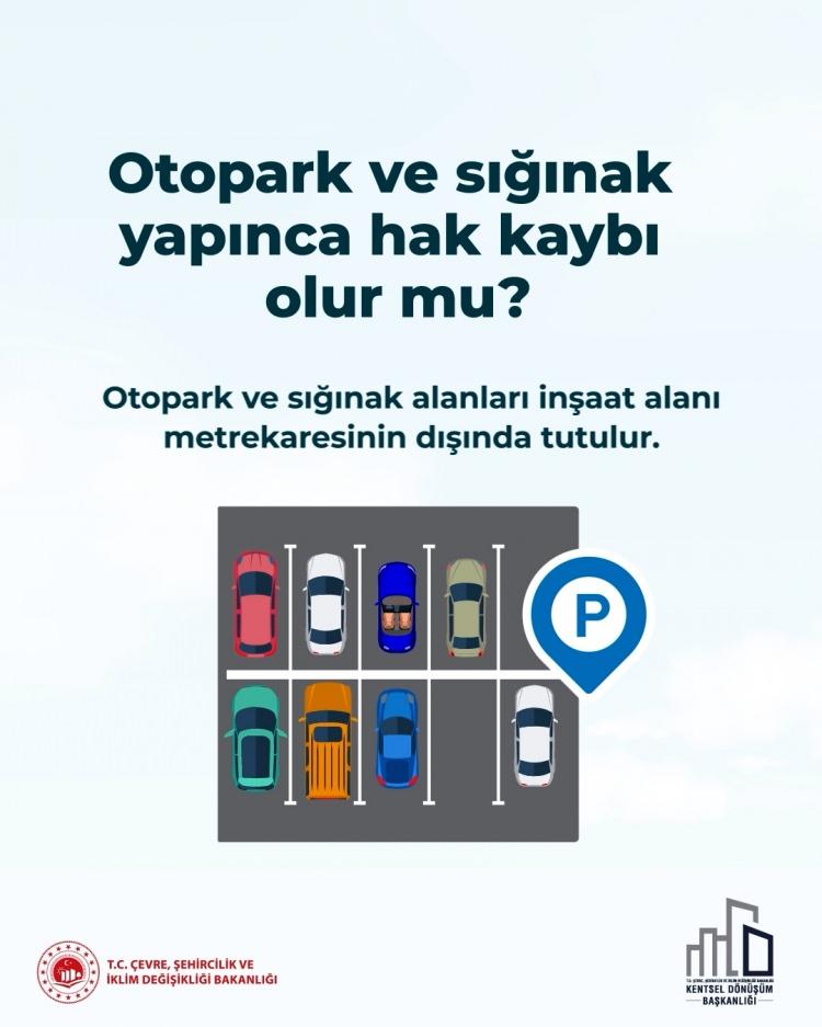 <p><em><strong>"Otopark ve sığınak yapınca hak kaybı olur mu?" sorusuna, "Otopark ve sığınak alanları inşaat alanı metrekaresinin dışında tutulur." cevabı verildi.</strong></em></p>
<p> </p>