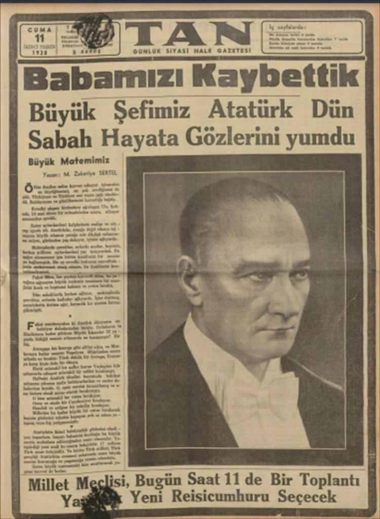 <p>Türkiye Cumhuriyeti'nin kurucusu Mustafa Kemal Atatürk'ün 10 Kasım 1938'de ebediyete irtihalini, gazeteler yıldırım baskılarla halka duyurdu, büyük acı, duygu yüklü sözlerle manşetlerine taşındı.</p>
