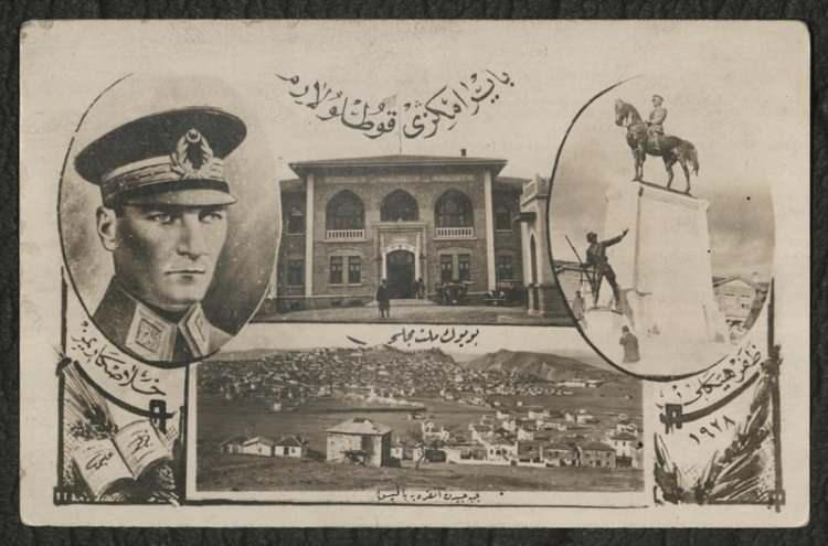 <p>Gazi Mustafa Kemal Atatürk'ün portresi, Ulus'taki İkinci Meclis binası, Zafer Anıtı ve Ankara'nın genel görünümü </p>