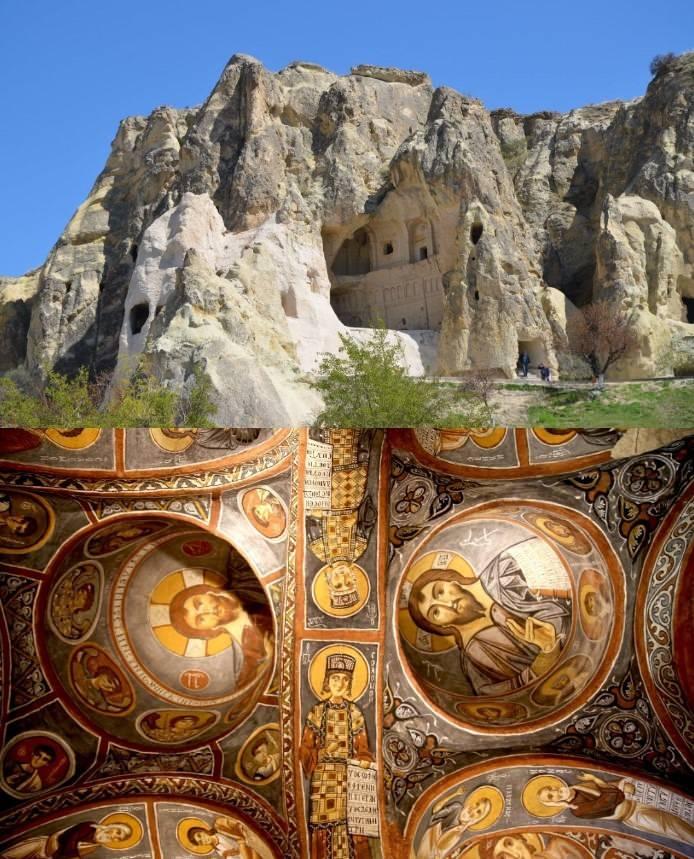 <p><span style="color:#B22222"><strong>Göreme Karanlık Kilisesi (Türkiye):</strong></span></p>

<p>Dışındaki renksiz taş görünümünün yanı sıra içindeki duvar resimleriyle bilinen bu kilise 11.yy'da inşa edilmiştir.</p>
