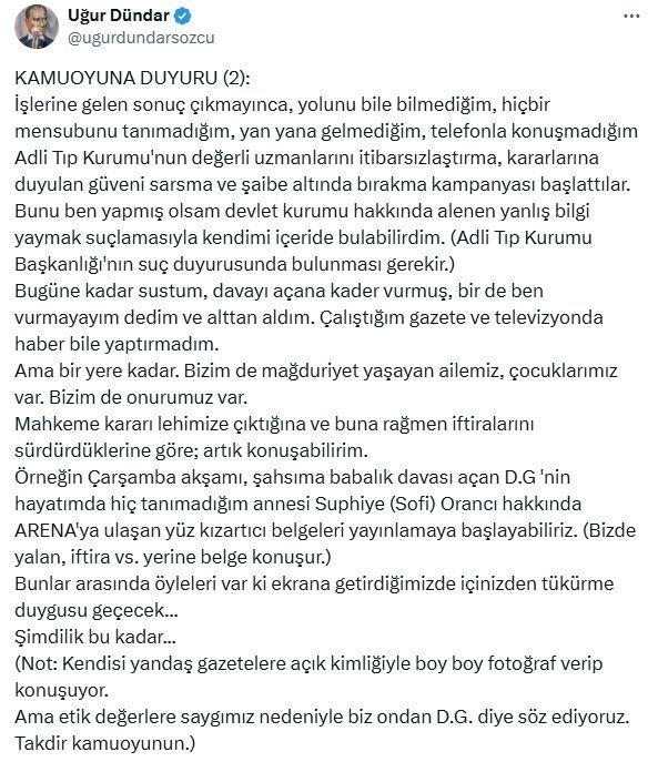 <p>Açıklamalarını üzülerek okuduğunu söyleyen Gülatan, <strong>"Ben içimi dökmek, hukuk mücadelemi kamuoyu ile paylaşmak için röportaj verdim. Benim tek derdim gerçeklerin ortaya çıkması. Uğur bey benim konuşmamdan neden rahatsız oluyor ki? Anlamış değilim. Yaptığım açıklamalardan sonra uzun uzun paylaşımlar yaptı sosyal medyasından. Hatta annem Suphiye Orancı hakkında yüz kızartıcı belgeler yayınlayacağını söyledi. Öncelikle şunu söyleyeyim, benim yüzüm kızarmaz çünkü anne-babaların yaptıklarının onları bağlar. Burada beni bağlayan bir şey yok."</strong> dedi.</p>

<p> </p>
