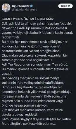 <p>Dilara Gülatan'ın, gazeteci Uğur Dündar hakkında açtığı babalık davasında karar çıktı. Mahkeme, Adli Tıp Kurumu’nun DNA incelemesi yaptığını biyolojik babalık durumuna ilişkin delil bulunmadığını aktardı. Karar sonrası Dündar sosyal medyadan bir dizi paylaşımda bulundu.</p>

<p> </p>

<p>Dündar, sosyal medyadan yaptığı açıklamada <strong>"Çarşamba akşamı Dilara G.'nin annesi Suphiye (Sofi) Orancı hakkında yüz kızartıcı belgeleri yayınlayacağım. İçinizden tükürmek gelecek!"</strong> dedi. Dilara Gülatan da Dündar'a yanıt verdi.</p>

<p> </p>
