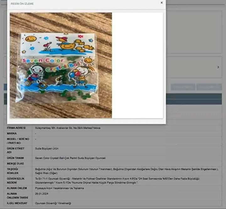 <p> "Seven Color Crystall Ball" adlı çok renkli suda büyüyen oyuncak: 24 Saat sonrasında %50’den daha fazla büyüdüğü için boğulma riski.</p>

<p> </p>
