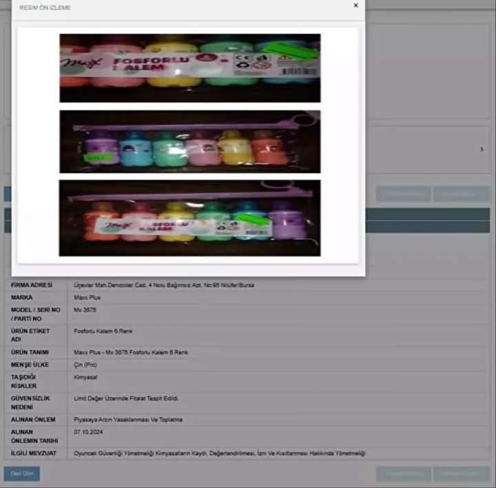 <p>"Maxx Plus" marka Çin menşeili fosforlu kalem 6 renk: Kimyasal bulunuyor.</p>
