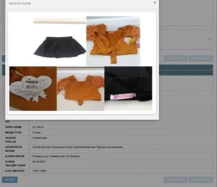 <p>"Miss Seremix" marka ikili çocuk takımı: Ürün kordonunun standardın üzerinde olması nedeniyle boğulma riski.</p>
