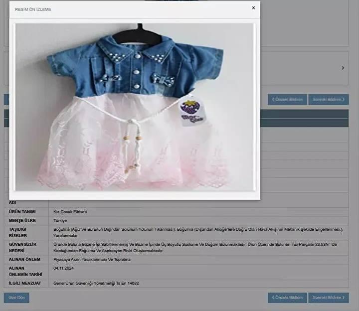 <p>"Morçilek" marka kız çocuk elbisesi: Boğulma riski.</p>
