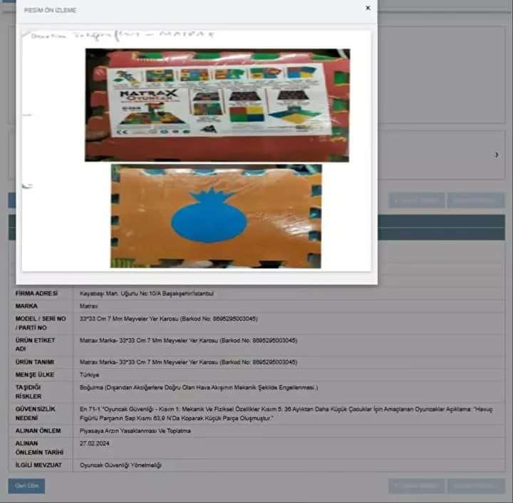 <p> "Matrax" marka 33*33 cm 7 mm meyveler yer karosu: Boğulma riski</p>
