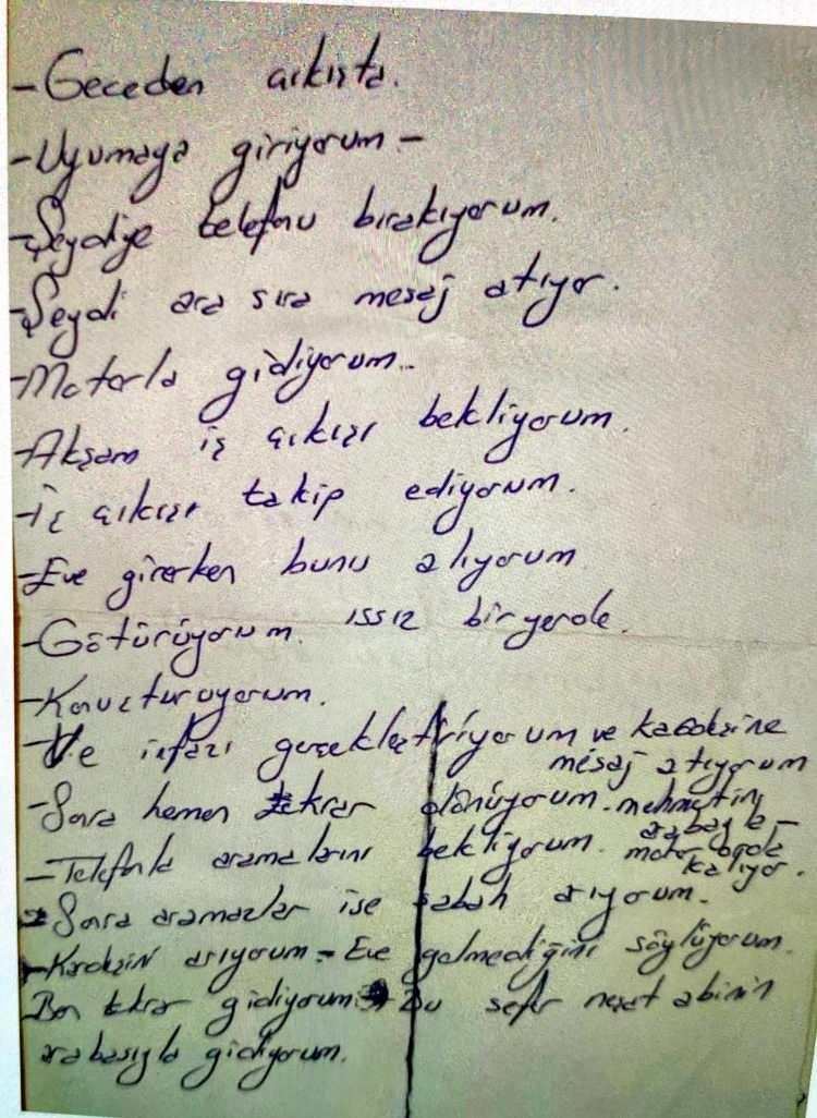 <p><span style="color:#B22222"><strong>GELDİĞİNDE BAYILTIYORUM VE GÖZLERİNİ ÇIKARTIYORUM'</strong></span></p>

<p> </p>

<p>Abdulkadir Kocaoğlu'nun aynı kadına yönelik cinayet tasarladığı ve bunu madde madde yazdığı mektupta, <em><strong>"Geceden çıkışta telefonu Seydi'ye bırakıyorum. Motorla gidiyorum. İş çıkışı takip ediyorum. Apartman girişinde bekliyorum, geldiğinde bayıltıyorum ve gözlerini çıkartıyorum. Mehmet'in araba ile geri dönüyorum. Motor orada kalıyor. Aramalarını bekliyorum. Aradıkları zaman Neşat'ın araba ile gidiyorum"</strong></em> ifadeleri yer aldı. </p>
