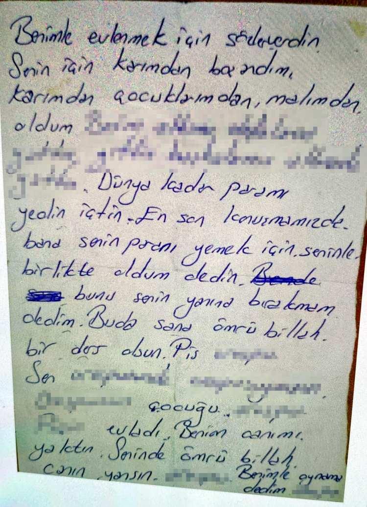 <p><span style="color:#B22222"><strong>'SENİN İÇİN KARIMDAN BOŞANDIM'</strong></span></p>

<p> </p>

<p>Dava dosyasında yer alan ve sanığın eşini aldattığı iddia edilen kadına yazdığı mektupta ise <em><strong>"Benimle evlenmek için söz verdin. Senin için karımdan boşandım. Karımdan, çocuklarımdan, malımdan oldum. Dünya kadar paramı yedin, içtin. En son konuşmamızda bana, 'Senin paranı yemek için seninle birlikte oldum' dedin. 'Bunu senin yanına bırakmam' dedim. Bu da sana ömrün boyunca ders olsun. Benim canımı yaktın, senin de canın yansın"</strong></em> ifadeleri ile hakaret içerikli sözler yer aldı.</p>
