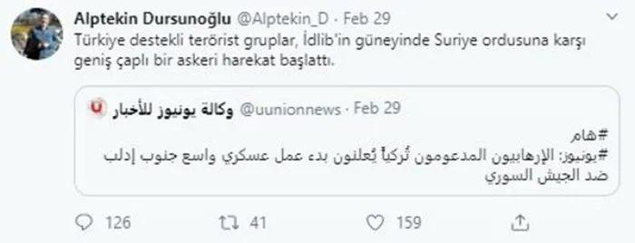 <p>Dursunoğlu'nun Türkiye'yi 'terör destekçisi' olarak gösterip milyonlarca insanı katlederek göçe zorlayan katil Esed'i destekleyen birçok paylaşımı bulunuyor.</p>
