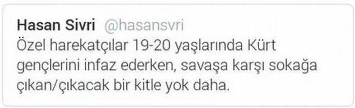 <p>Rejimin katliamlarına tek kelime edemeyen Sivri, Özgür Suriye Ordusu'nu ise terörist olarak göstermeye çalışıyor.</p>

<p>Sivri'nin iftiralarıyla Türk askerine de dil uzattığı paylaşımları bulunuyor.</p>
