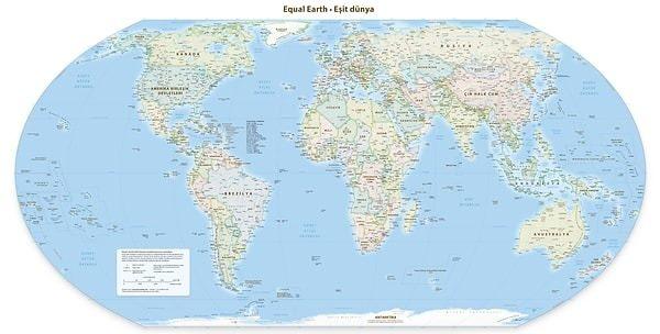 <p><em><span style="color:#B22222"><strong>İşte, Equal Earth Dünya Haritası!</strong></span></em></p>
<p><span style="color:#FF0000"><strong>Equal Earth Dünya Haritası; Mercator projeksiyon haritası ve Gall-Peters projeksiyon haritasının birleşiminden yola çıkarılarak üretilmiş bir harita. Yani bugüne dek en doğru boyutlarda çizilmiş harita diyebiliriz.</strong></span></p>