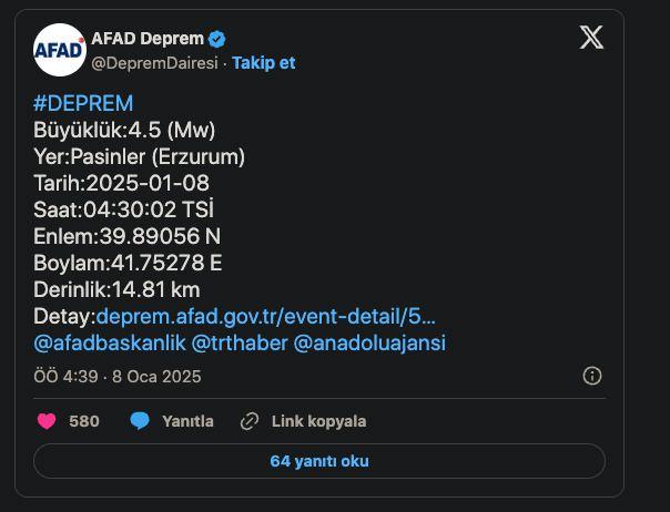 <p>Afet ve Acil Durum Yönetimi Başkanlığı (AFAD) Deprem Dairesi'nin aktardığı verilere göre, Erzurum'un Pasinler ilçesinde saat 04.30'da yerin 14 kilometre derinliğinde, 4.5 büyüklüğünde deprem oldu.</p>
