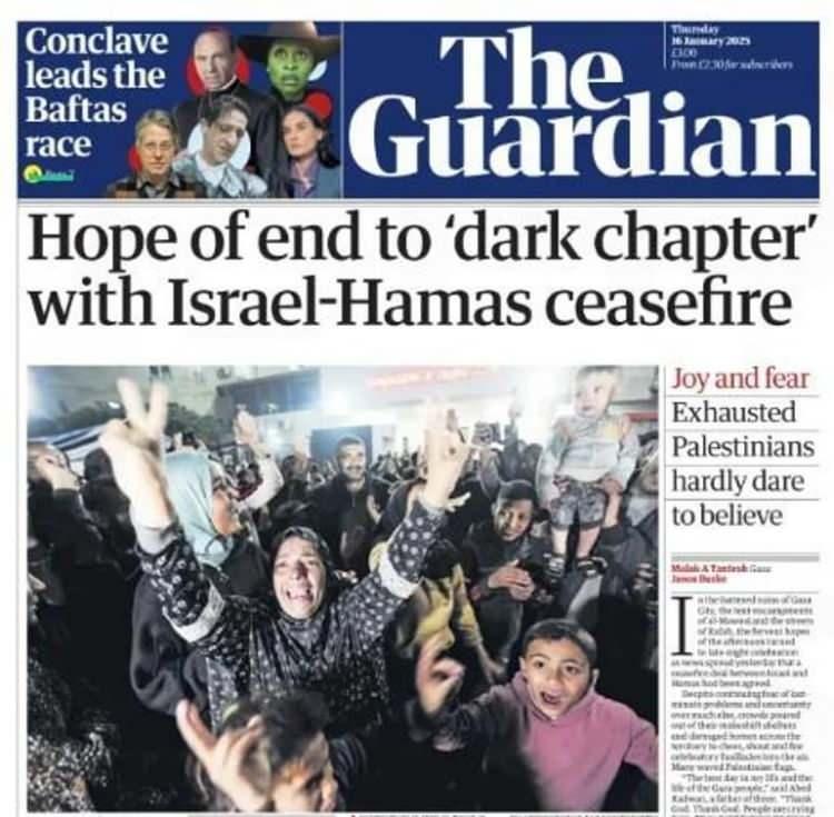 <p><strong>THE GUARDIAN: İNANMAKTA ZORLANDILAR</strong></p>

<p>İngiliz The Guardian gazetesi ilk sayfasının manşetine Gazze'de ateşkesi taşırken "İsrail-Hamas ateşkesiyle 'karanlık bölümün' sonu umut ediliyor" başlığı attı. Gazete spotuna "Neşe ve korku Filistinlileri bitkin düşürdü, inanmaya bile cesaret edemiyorlar" yazdı ve habere şöyle devam etti:</p>

<p> </p>

<p>"Gazze Şehri'nin harap olmuş yıkıntılarında, çadır kamplarında ve Rafah sokaklarında, öğleden sonraki umutlar dün İsrail ile Hamas arasında bir ateşkes anlaşmasının kabul edildiği haberinin yayılmasıyla gece yarısı kutlamalarını dönüştü."</p>
