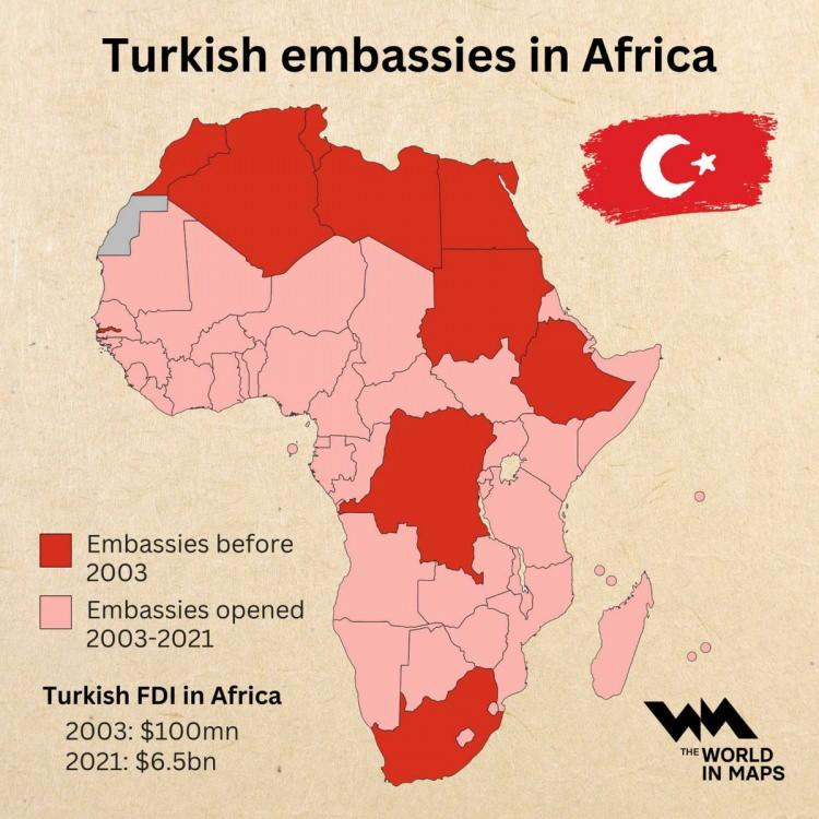 <p>2002’de 10 olan Afrika’daki büyükelçilik sayısını 2023 itibarıyla 40’ın üzerine çıkardı.</p>