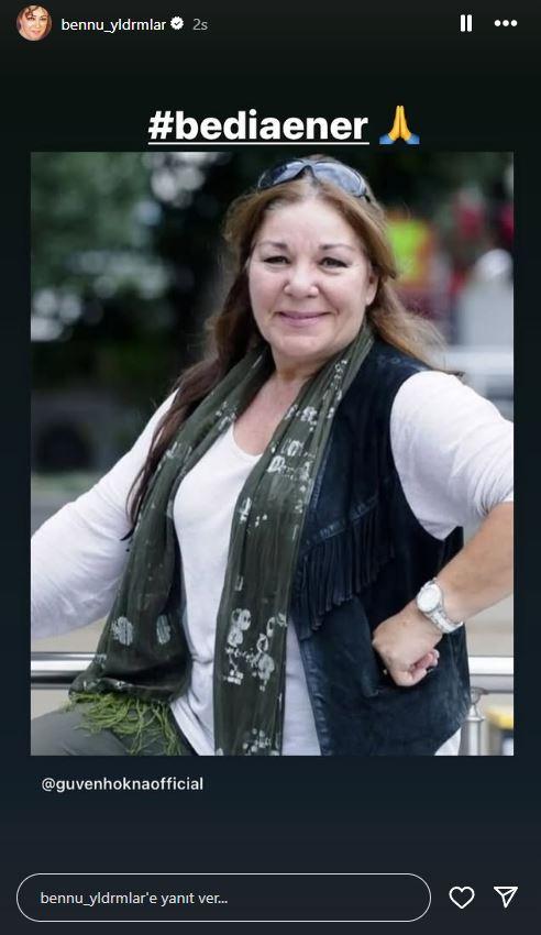 <p><strong>BENNU YILDIRIMLAR</strong></p>

<p>Yaprak Dökümü dizisinde, Ener ile beraber rol alıp aynı sahneyi paylaşan Bennu Yıldırımlar, oyuncu için taziye mesajı yayınladı. </p>
