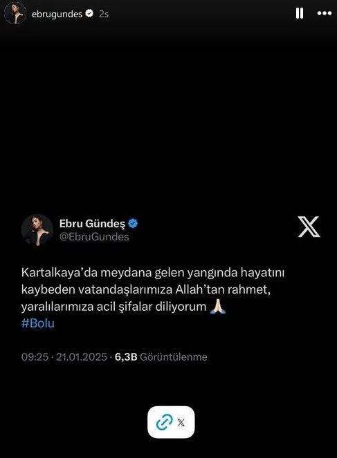 <p><span style="color:#B22222"><strong>EBRU GÜNDEŞ</strong></span></p>

<p><strong>"Kartalkaya'da meydana gelen yangında hayatını kaybeden vatandaşlarımıza Allah'tan rahmet, yaralılarımıza acil şifalar diliyorum."</strong></p>
