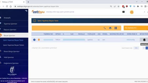 <p>Web Tapu Portalı sistemi üzerinden Beyan İşlemleri altında "<strong>İşlem Yapılmaz Beyan Tesisi"</strong> sayfasına tıklayarak beyan eklemek istediğiniz taşınmalarını seçerek en sağdaki kısımdan "<strong>Beyan Tesis Et"</strong> kısmındaki ikonuna tıklayınız.</p>