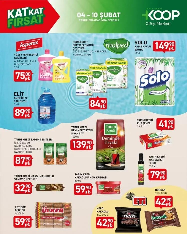 <p>- Asperox Yüzey Temizleyici Çeşitleri - 75 TL</p>

<p><br />
- Molped Pure&Soft Süper Ekonomik Çeşitleri - 84,90 TL</p>

<p><br />
- Solo Kağıt Havlu Bambu - 149,90 TL</p>

<p><br />
- Tarım Kredi Küp Şeker - 41,90 TL</p>

<p><br />
- Elit Antifirizli Cam Suyu - 89,90 TL</p>

<p><br />
- Tarım Kredi Deminde Tiryaki Siyah Çay - 139,90 TL</p>

<p><br />
- Tarım Kredi Nar Ekşisi %100 - 79,90 TL</p>

<p><br />
- Tarım Kredi Kakaolu Fındık Kreması - 59,90 TL</p>

<p><br />
- Tarım Kredi Badem Çeşitleri - 87,90 TL</p>

<p><br />
- Pötibör Bisküvi - 59,90 TL</p>
