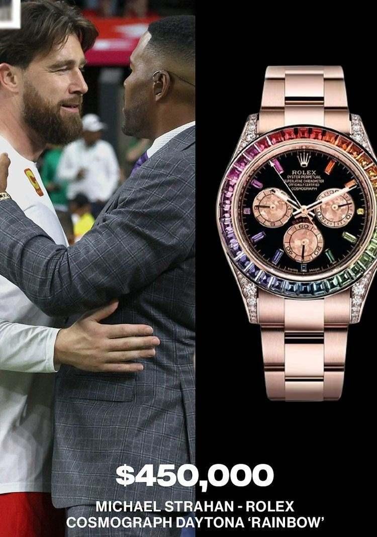 <p>Eski NFL yıldızı, şimdinin TV sunucusu Michael Strahan'ın gösterişli Rolex Daytona Rainbow'unun değeri 450 bin dolar...</p>
