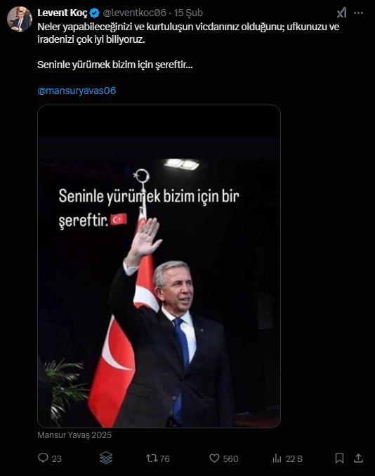 <p>Haymana Belediye Başkanı Levent Koç resmi X hesabından ise,<span style="color:#B22222"><strong><em> “Neler yapabileceğinizi ve kurtuluşun vicdanınız olduğunu; ufkunuzu ve iradenizi çok iyi biliyoruz. Seninle yürümek bizim için şereftir…”</em></strong></span> dedi.</p>

