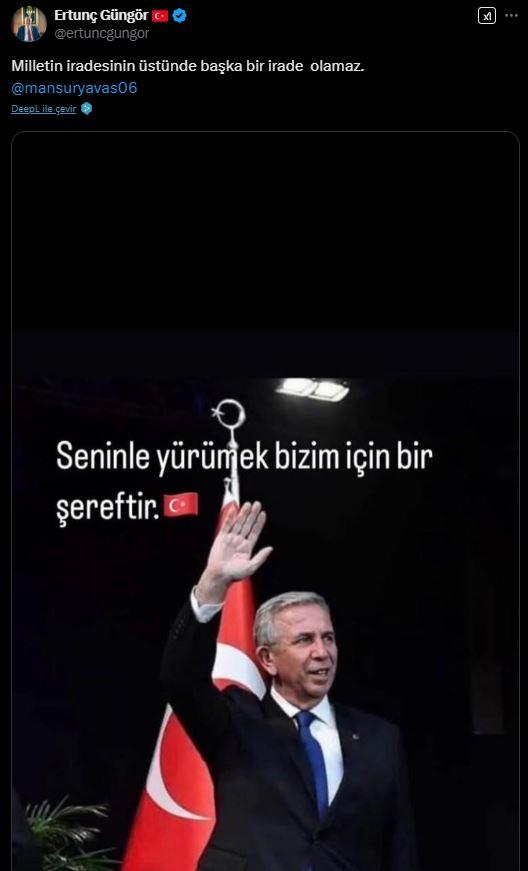 <p>Nallıhan Belediye Başkanı Ertunç Güngör’de <span style="color:#B22222"><strong><em>“Milletin iradesinin üstünde başka bir irade olamaz”</em></strong></span> paylaşımında bulunarak Mansur Yavaş’a destek verdi.</p>
