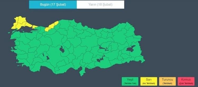<p><strong><span style="color:rgb(178, 34, 34)">7 İL İÇİN SARI KOD</span></strong></p>

<p>Kar yağışı ve yağmur beklenen Kırklareli ile kuvvetli yağış beklenen İstanbul, Edirne, Tekirdağ, Zonguldak, Bartın ve Düzce'de sarı kodlu alarm verildi.</p>
