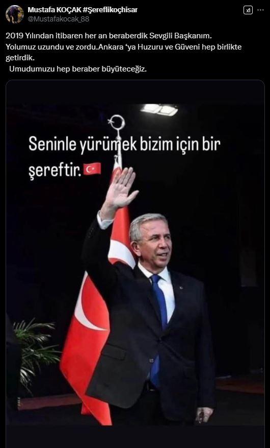 <p>Şereflikoçhisar Belediye Başkanı Mustafa Koçak’ta Mansur Yavaş’ın fotoğrafını paylaşarak <span style="color:#B22222"><em><strong>“2019 Yılından itibaren her an beraberdik Sevgili Başkanım. Yolumuz uzundu ve zordu.Ankara ‘ya Huzuru ve Güveni hep birlikte getirdik. Umudumuzu hep beraber büyüteceğiz” </strong></em></span>dedi.</p>
