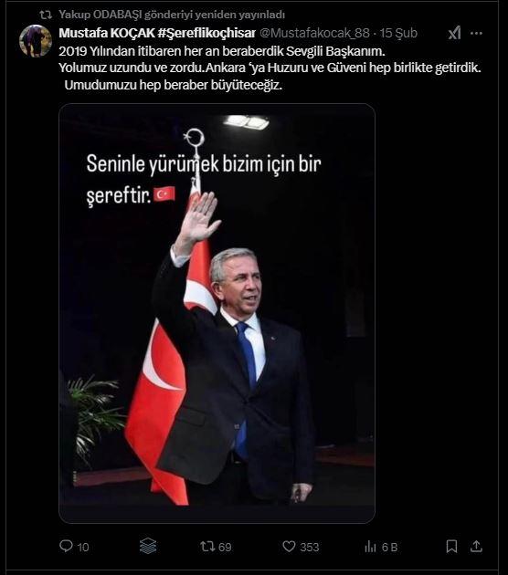 <p>Gölbaşı Belediye Başkanı Yakup Odabaşı da Mustafa Koçak’ın gönderisini yeniden yayımlayarak Mansur Yavaş’a verdiği desteği gösterdi.</p>
