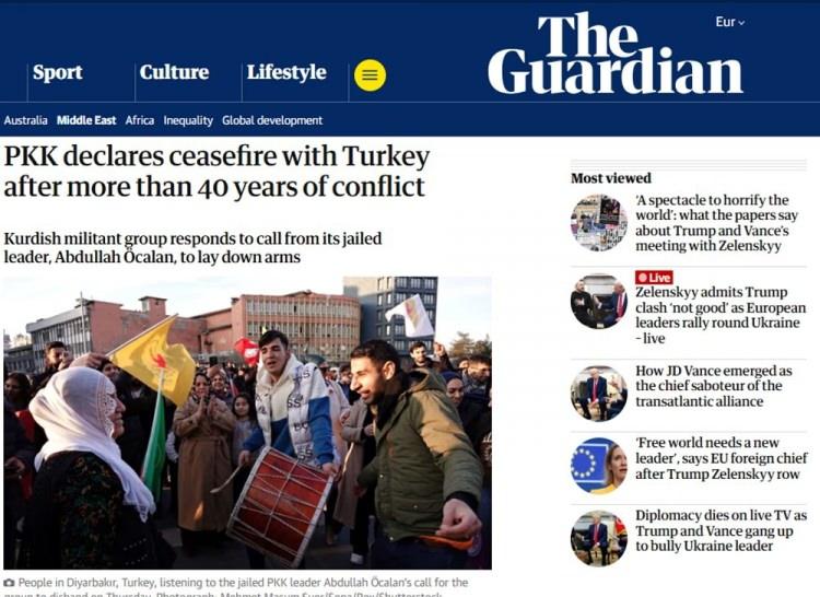 <p><span style="color:#B22222"><strong>THE GUARDİAN: PKK'DAN İLK TEPKİ GELDİ</strong></span></p>

<p> </p>

<p>İngiliz The Guardian gazetesi, “PKK 40 yılı aşkın süredir devam eden çatışmaların ardından Türkiye ile ateşkes ilan etti” başlığıyla Kandil’in açıklamasını duyurdu.</p>

<p>The Guardian haberde şöyle yazdı: “Öcalan'ın bu hafta grubun feshedilmesi çağrısında bulunması ve kırk yılı aşkın bir süredir Türk devletiyle savaşan PKK'dan silah bırakmasını istemesinin ardından PKK'dan ilk tepki geldi. Yasadışı Kürt militanlar, PKK'nın hapisteki lideri Abdullah Öcalan'ın grubun dağılması yönündeki önemli çağrısının ardından Türkiye ile ateşkes ilan etti.”</p>

<p> </p>

<p>kaynak: NTV.COM.TR (Haber: Derya Doğan)</p>
