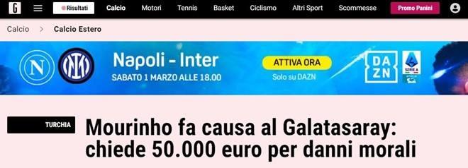 <p><strong>La Gazetta dello Sport: "Mourinho, Galatasaray'a dava açtı: 50 bin euro manevi tazminat istiyor"</strong></p>
