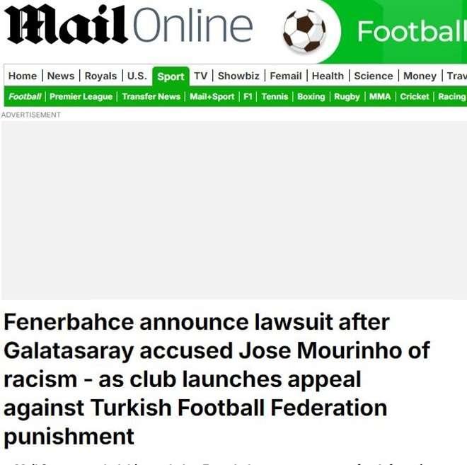<p><strong>Daily Mail: "Fenerbahçe, ezeli rakibi Galatasaray'ın Jose Mourinho'yu ırkçılıkla suçlamasının ardından dava açıldığını duyurdu"</strong></p>
