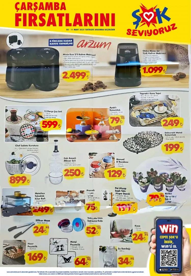 <p>Arzum Minio Duo 2’li Kahve Makinesi 2,499 TL<br />
Arzum Okka Minio Jet Türk Kahve Makinesi 1,099 TL<br />
Arzum Linda Saç Kurutma Makinesi 799 TL<br />
12 Parça Çay Seti 599 TL<br />
Ayaklı Sunumluk 79,95 TL<br />
Manuel El Rondosu 129 TL<br />
Çok Amaçlı Mikser Seti 250 TL. Manuel El Rondosu 129 TL<br />
Metaltex Tabaklık Köşe Raf 249 TL<br />
Silikon Maşa 24,95 TL<br />
Hasır Peçetelik 169 TL<br />
Metal Peçetelik 64,95 TL<br />
Vakkumlu Cam Saklama Kabı 52,95 TL<br />
Kancalı Fincan Askısı 75 TL<br />
Vakkumlu Cam Saklama Kabı 52,95 TL<br />
Kase 24,95 TL<br />
Su Bardağı 34,95 TL</p>
