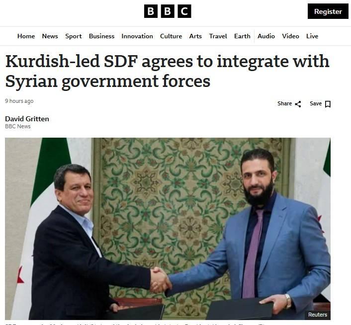 <p>"PARÇALANMIŞ ÜLKE İÇİN ÖNEMLİ BİR ADIM"</p>
<p>İngiliz yayın kuruluşu BBC, haberi "SDG, hükümet güçleriyle bütünleşmeyi kabul etti" manşetiyle duyurdu.</p>
<p>Haberde, anlaşmanın parçalanmış ülkeyi birleştirme hedefine doğru atılmış önemli bir adım olduğu vurgulandı.</p>