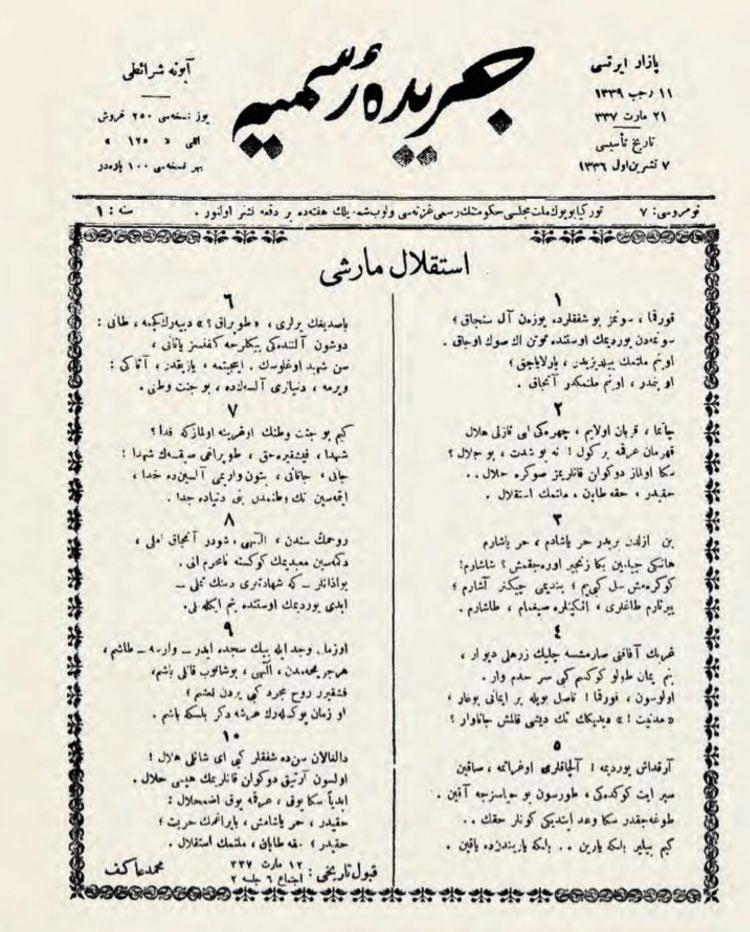 <p>Mehmet Akif’in Taceddin Dergahı’ndaki küçük odasında iki gün gibi kısa bir zaman içinde yazdığı İstiklal Marşı yapılan elemeler sonucu TBMM'nin 12 Mart 1921 tarihli oturumunda, Mehmet Akif'in yazdığı şiir coşkulu alkışlarla kabul edildi. </p>
<p> </p>
