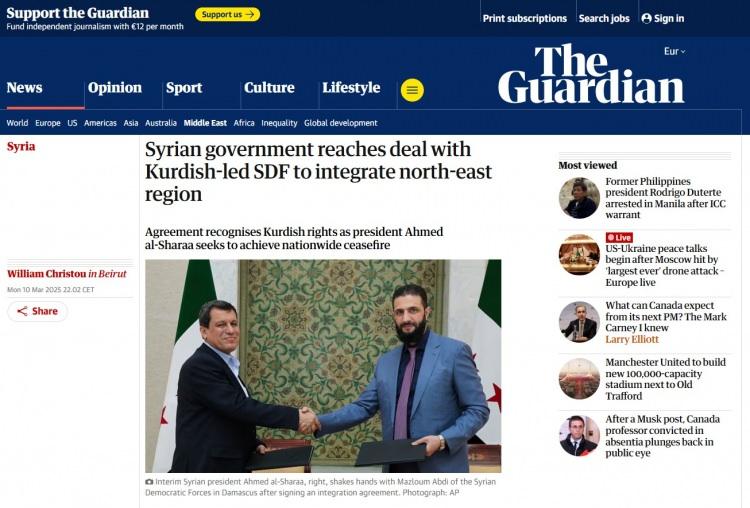 <p>İngiliz The Guardian gazetesi ise gelişmeyi "Suriye hükümeti kuzeydoğu bölgesinin entegrasyonu için SDG ile anlaşmaya vardı" başlığıyla verdi. </p>