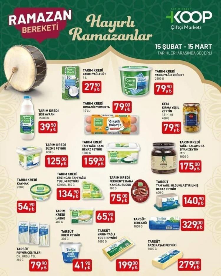 <p><strong>Tarım Kredi Şişe Ayran (1500 ml) : 39,50 TL</strong></p>

<p><br />
<strong>Tarım Kredi Yarım Yağlı Süt (1 L) : 27,50 TL</strong></p>

<p><br />
<strong>Tarım Kredi Yarım Yağlı Yoğurt (2500 g) : 79,90 TL</strong></p>

<p><br />
<strong>Tarım Kredi Organik Yumurta (10'lu) : 79,00 TL</strong></p>

<p><br />
<strong>Cem Kırma Yeşil Zeytin (121-140, 400 g) : 79,90 TL</strong></p>

<p><br />
<strong>Tarım Kredi Süzme Peynir (850 g) : 125,00 TL</strong></p>

<p><br />
<strong>Tarım Kredi Tam Yağlı Taze Beyaz Peynir (1000 g) : 159,90 TL</strong></p>

<p><br />
<strong>Tarım Kredi Erzincan Tam Yağlı Tulum Peyniri (Koyun, 850 g) : 134,90 TL</strong></p>

<p><br />
<strong>Tarım Kredi Kaymak (200 g) : 54,90 TL</strong></p>

<p><br />
<strong>Tarım Kredi Fermente Dana Kangal Sucuk (Kg) : 75,00 TL</strong></p>

<p><br />
<strong>Tarım Kredi Tam Yağlı Salamura Siyah Zeytin (600 g) : 175,00 TL</strong></p>

<p><br />
<strong>Tarsüt Tam Yağlı Olgunlaştırılmış Beyaz Peyniri (600 g) : 140,90 TL</strong></p>

<p><br />
<strong>Tarsüt Tereyağı (Kg) : 329,00 TL<br />
Tarsüt Taze Kaşar Peyniri (1000 g) : 279,90 TL</strong></p>

<p><br />
<strong>Tarsüt Peynir Çeşitleri (Dil, Örgü, Tel - 250 g) : 79,90 TL</strong></p>

<p><br />
<strong>Tarsüt Yarım Yağlı Tost Peyniri (1000 g) : 199,90 TL</strong></p>

<p><br />
<strong>Tarım Kredi Labne (400 g) : 65,90 TL</strong></p>

<p><br />
<strong>Tarsüt Kren Peyniri (300 g) : 41,90 TL</strong></p>
