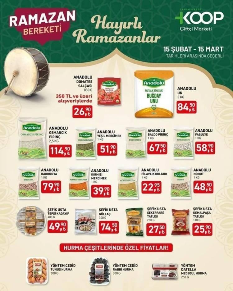 <p><strong>Anadolu Domates Salçası (830 g) - 350 TL ve üzeri alışverişlerde : 26,90 TL</strong></p>

<p><br />
<strong>Anadolu Buğday Unu (5 Kg) : 84,50 TL</strong></p>

<p><br />
<strong>Anadolu Osmancık Pirinç (2,5 Kg) : 114,90 TL</strong></p>

<p><br />
<strong>Anadolu Yeşil Mercimek (1 Kg) : 51,90 TL</strong></p>

<p><br />
<strong>Anadolu Baldo Pirinç (1 Kg) : 67,50 TL</strong></p>

<p><br />
<strong>Anadolu Fasulye (1 Kg) : 58,90 TL</strong></p>

<p><br />
<strong>Anadolu Barbunya (1 Kg) : 79,90 TL</strong></p>

<p><br />
<strong>Anadolu Kırmızı Mercimek (1 Kg) : 39,90 TL</strong></p>

<p><br />
<strong>Anadolu Pilavlık Bulgur (1 Kg) : 22,95 TL</strong></p>

<p><br />
<strong>Anadolu Nohut (1 Kg) : 48,50 TL<br />
Şefik Usta Güllaç (300 g) : 74,50 TL</strong></p>

<p><br />
<strong>Şefik Usta Kadayıf (250 g) : 27,50 TL</strong></p>

<p><br />
<strong>Şefik Usta Kemalpaşa Tatlısı (140 g) : 25,90 TL</strong></p>

<p><br />
<strong>Şefik Usta Şekerpare Tatlısı (250 g) : 74,50 TL</strong></p>
