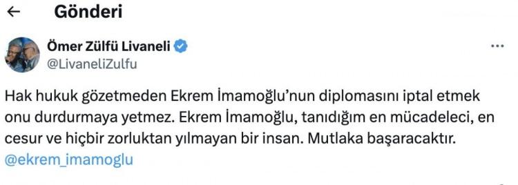 <p><span style="color:#B22222"><strong>ZÜLFÜ LİVANELİ: MUTLAKA BAŞARACAK</strong></span></p>
<p> </p>
<p>X hesabından paylaşım yapan Zülfü Livaneli ise "<em><strong>Hak hukuk gözetmeden Ekrem İmamoğlu’nun diplomasını iptal etmek onu durdurmaya yetmez. Ekrem İmamoğlu, tanıdığım en mücadeleci, en cesur ve hiçbir zorluktan yılmayan bir insan. Mutlaka başaracaktır." </strong></em>dedi.</p>