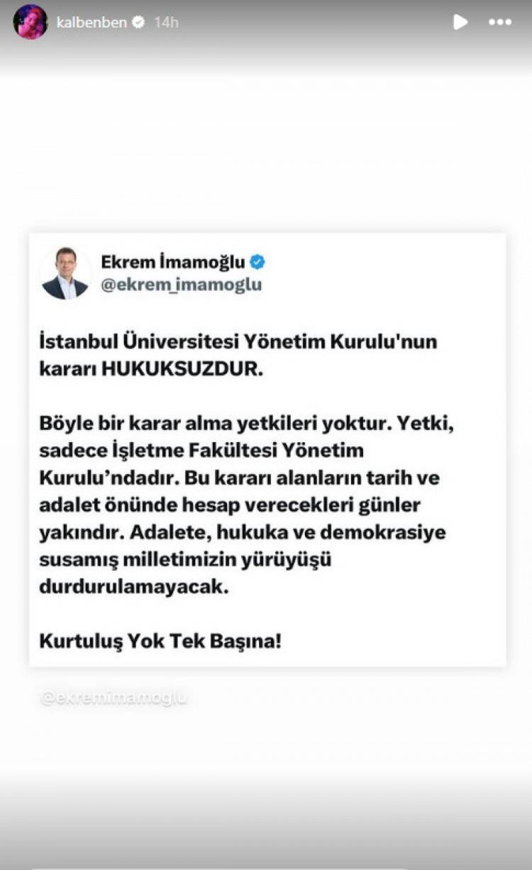 <p><span style="color:#B22222"><strong>KALBEN</strong></span></p>
<p> </p>
<p>Kalben ise Ekrem İmamoğlu'nun diploma iptali sonrası yazdıklarını paylaştı.</p>