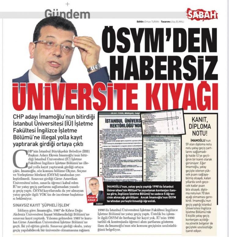<p><span style="color:#A52A2A"><strong>KANIT, DİPLOMA NOTU!</strong></span></p>

<p>İmamoğlu'nun 59 olan diploma notu yatay geçiş şartlarını sağlamadığı halde İÜ'ye geçtiğinin bir kanıtı olarak görünüyor. Eğer İmamoğlu, yatay geçişte istenen yüksek puanı sağlayabilmiş olsaydı, kalan yıllarda sınıfı geçecek kadar puan bile alsaydı, diploma notunun 70'den aşağı olmaması gerekirdi. <br />
 <br />
İmamoğlu'nun geçiş yaptığı İstanbul Üniversitesi İngilizce İşletme Bölümü'nde 5 kişilik yatay geçiş kontenjanı açıldığına yönelik belgeler de geçişteki usulsüzlüğe işaret ediyor. </p>

