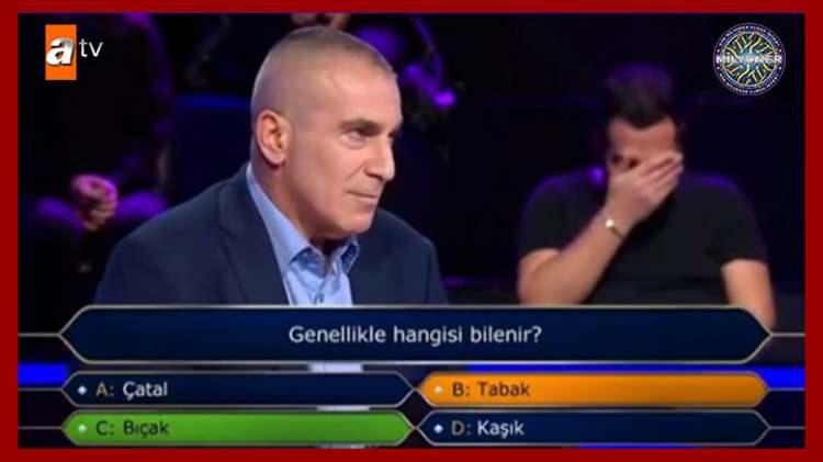 <p><strong>Genellikle hangisi bilenir?</strong></p>
<p>A. Çatal</p>
<p>B. Tabak</p>
<p><strong>C. Bıçak</strong></p>
<p>D. Kaşık</p>
<p>Yarışmacı B seçeneğini seçmişti.</p>