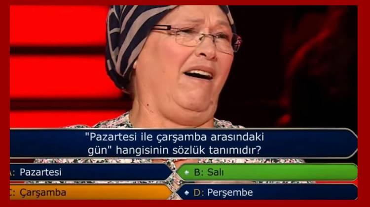 <p><strong>"Pazartesi ile çarşamba arasındaki gün" hangisinin sözlük tanımıdır?</strong></p>
<p>A. Pazartesi</p>
<p><strong>B. Salı</strong></p>
<p>C. Çarşamba</p>
<p>D. Perşembe</p>
<p>Yarışmacı C cevabını verdi.</p>