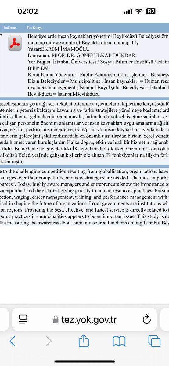 <p><strong>“Benzerlik Endeksi”</strong>ne göre 2017 yılında, akademik etiğe aykırı şekilde kendi yönettiği <strong>Beylikdüzü Belediyesi’nin İnsan Kaynakları Yönetimi</strong> hakkında çalışma yapan İmamoğlu’nun tezinin yüzde 95’inin intihal olduğu öğrenildi.</p>