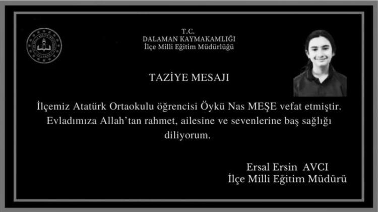 <p>İlçe Milli Eğitim Müdürü Ersal ersin Avcı Öykü için taziye mesajı paylatı. </p>

