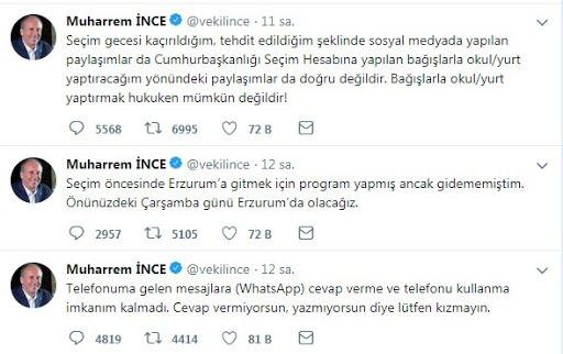 <p>Seçim sonuçlarının ardından günlerce ortalıkta görünmeyen İnce, sadece gazeteci İsmail Küçükkaya’ya attığı "<strong>Adam kazandı</strong>" mesajıyla gündeme gelmişti. Daha sonra kameraların karşısına geçen İnce, seçmenine yönelik sert ifadeler kullanarak, “<strong>Beni kimse tehdit etmedi, eşimi kaçırmadılar, bunlar tamamen asparagas haberler.</strong>” demişti.</p>

<p> </p>
