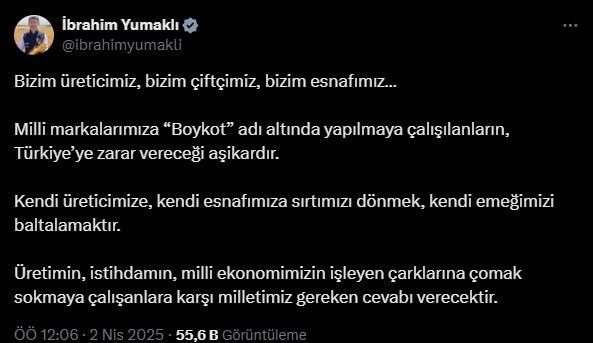 <p><span style="color:#A52A2A"><strong>BAKAN YUMAKLI: MİLLİ EKONOMİMİZİN ÇARKLARINA ÇOMAK SOKMAYA ÇALIŞANLARA KARŞI MİLLETİMİZ GEREKEN CEVABI VERECEKTİR</strong></span></p>
<p> </p>
<p>Bakan Yumaklı, kendi üreticisine, kendi esnafına sırt dönmenin, kendi emeğini baltalamak olduğunu belirterek, "Üretimin, istihdamın, milli ekonomimizin işleyen çarklarına çomak sokmaya çalışanlara karşı milletimiz gereken cevabı verecektir." dedi</p>
