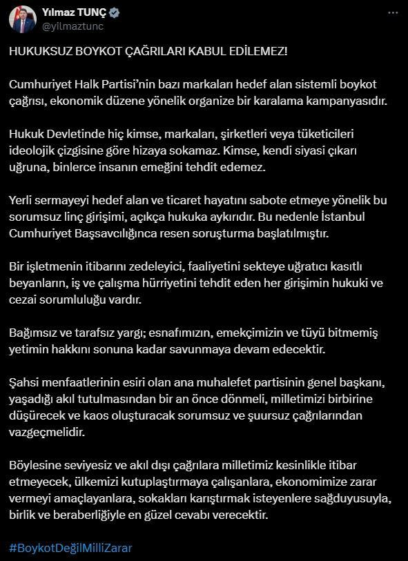 <p><span style="color:#A52A2A"><strong>BAKAN TUNÇ: TİCARET HAYATINI SABOTE ETMEYE YÖNELİK BU SORUMSUZ LİNÇ GİRİŞİMİ, AÇIKÇA HUKUKA AYKIRIDIR</strong></span></p>
<p> </p>
<p>Adalet Bakanı Yılmaz Tunç, "Yerli sermayeyi hedef alan ve ticaret hayatını sabote etmeye yönelik bu sorumsuz linç girişimi, açıkça hukuka aykırıdır." ifadelerini kullandı</p>