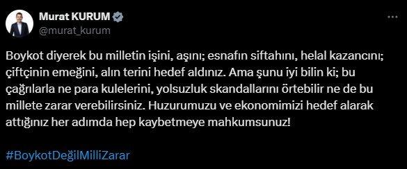 <p><span style="color:#A52A2A"><strong>BAKAN KURUM: HUZURUMUZU VE EKONOMİMİZİ HEDEF ALARAK ATTIĞINIZ HER ADIMDA HEP KAYBETMEYE MAHKUMSUNUZ</strong></span></p>
<p>Çevre, Şehircilik ve İklim Değişikliği Bakanı Murat Kurum, "Huzurumuzu ve ekonomimizi hedef alarak attığınız her adımda hep kaybetmeye mahkumsunuz!" ifadesini kullandı</p>