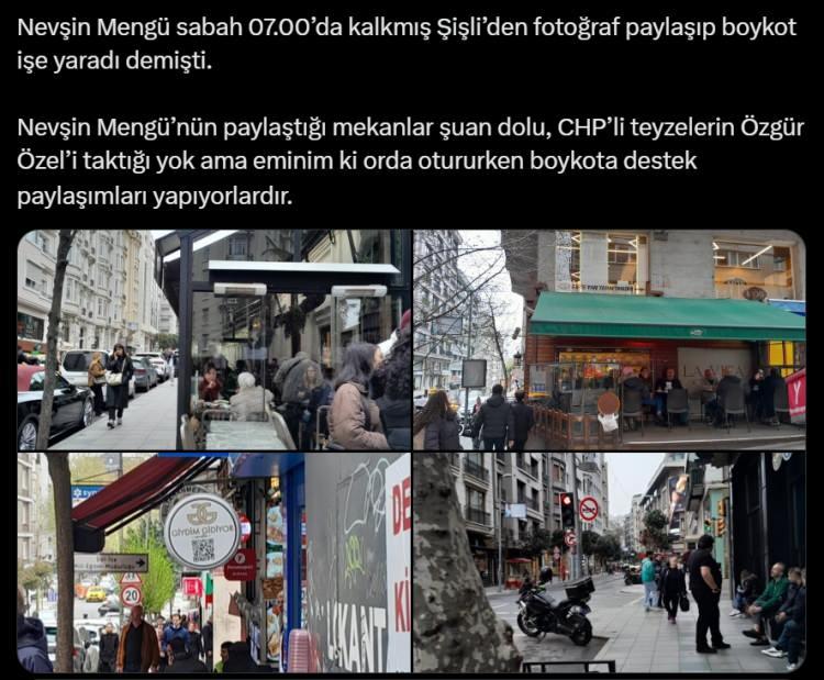 <p>Mengü 2 Nisan günü sabah saatlerinde Şişli’deki kahve dükkânlarını çekerek,<strong> "Şişli’de normalde işe gitmeden önce insanların kahvaltı yaptığı, kahve aldığı yerler bu sabah boş. Sokaklarda boykot sessizliği var”</strong> paylaşımında bulundu.</p>